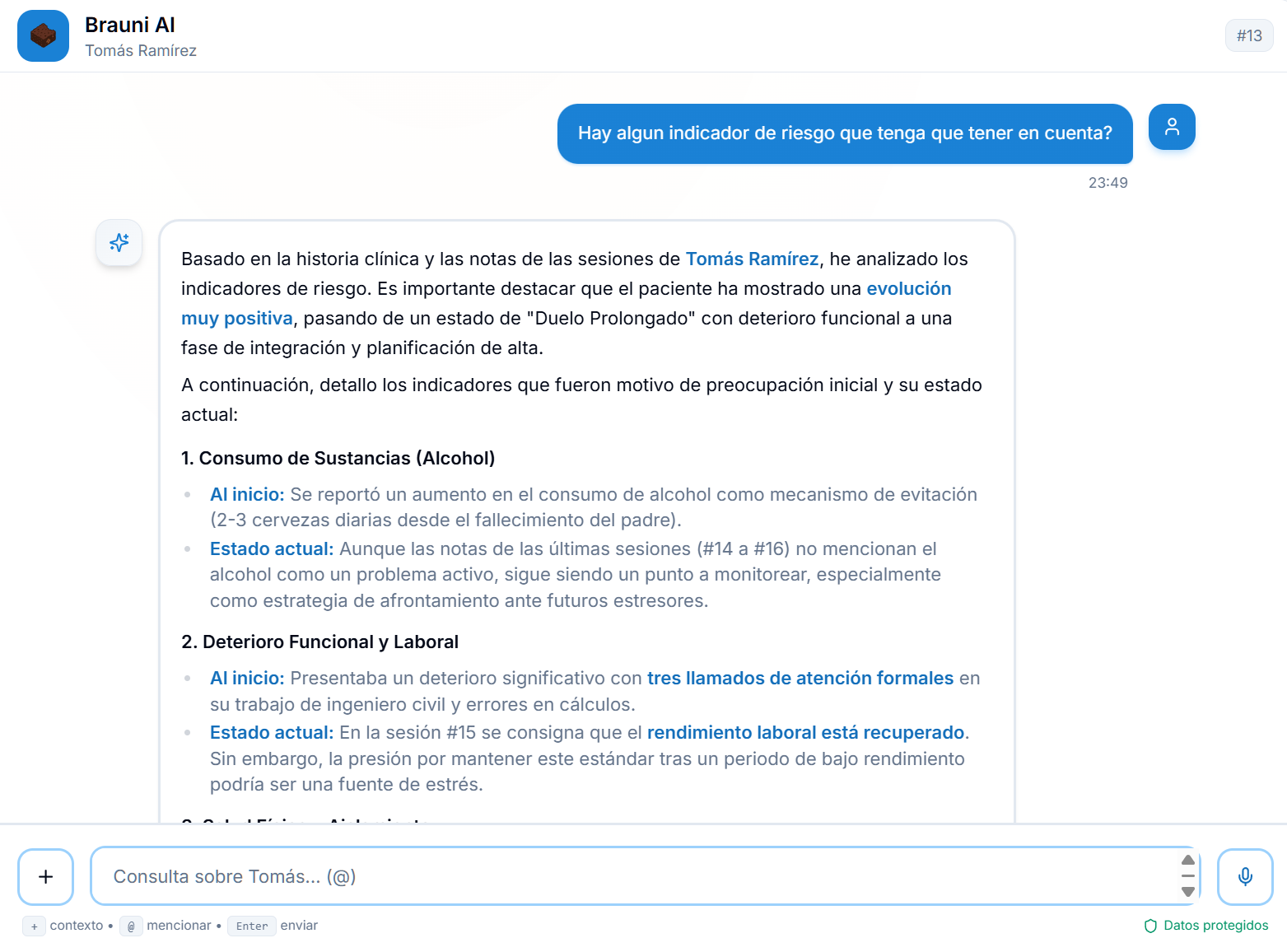 Chat de Brauni IA analizando indicadores de riesgo clínico de un paciente